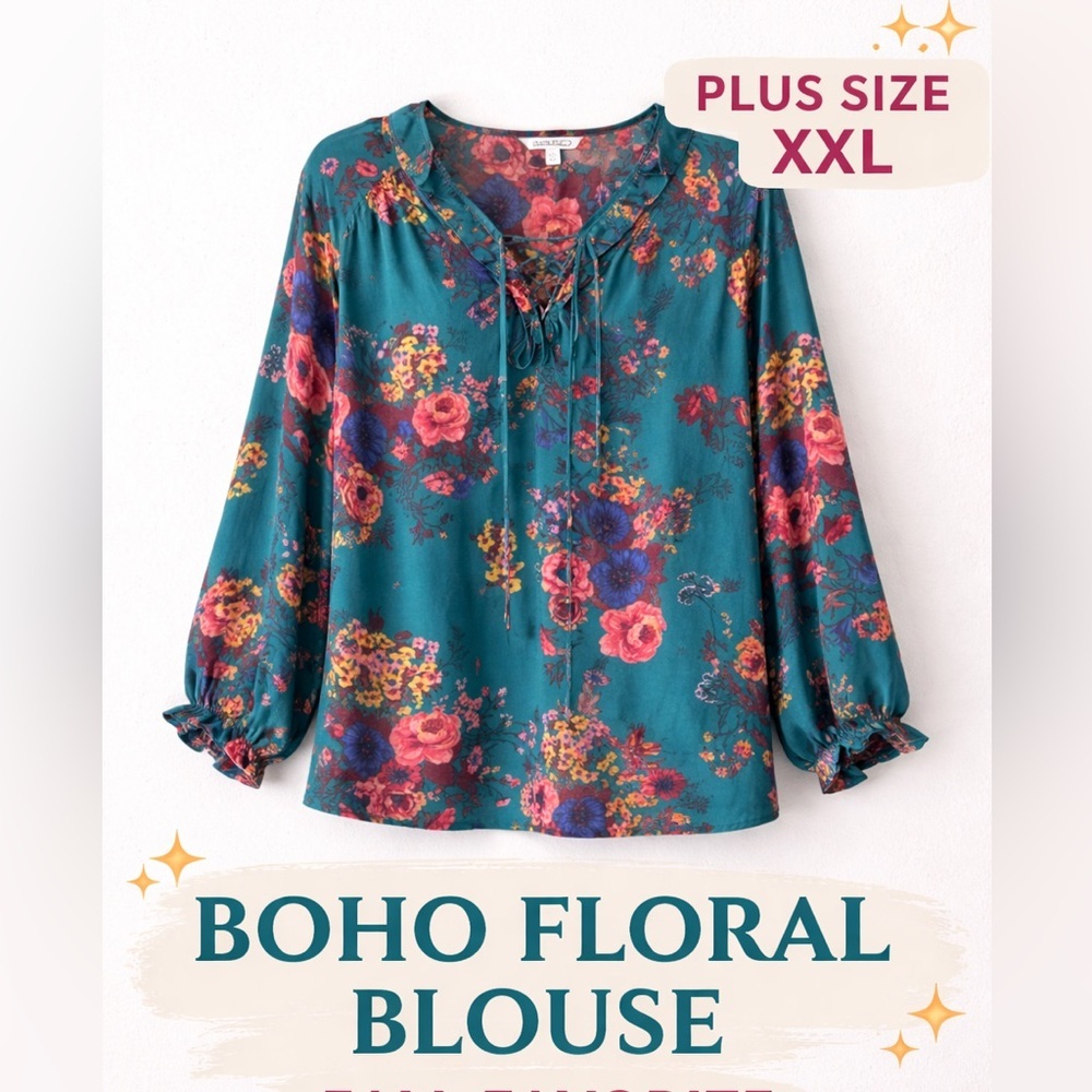 Teal Floral Lace Up Boho Blouse XXL Plus Size Spring Top Long Sleeve NWOT